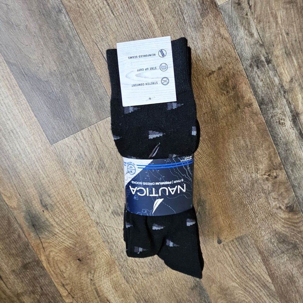 Nautica Men’s Dress Crew Socks 6-Pack Black/Dark Colors Stay-Up Cuff NWT